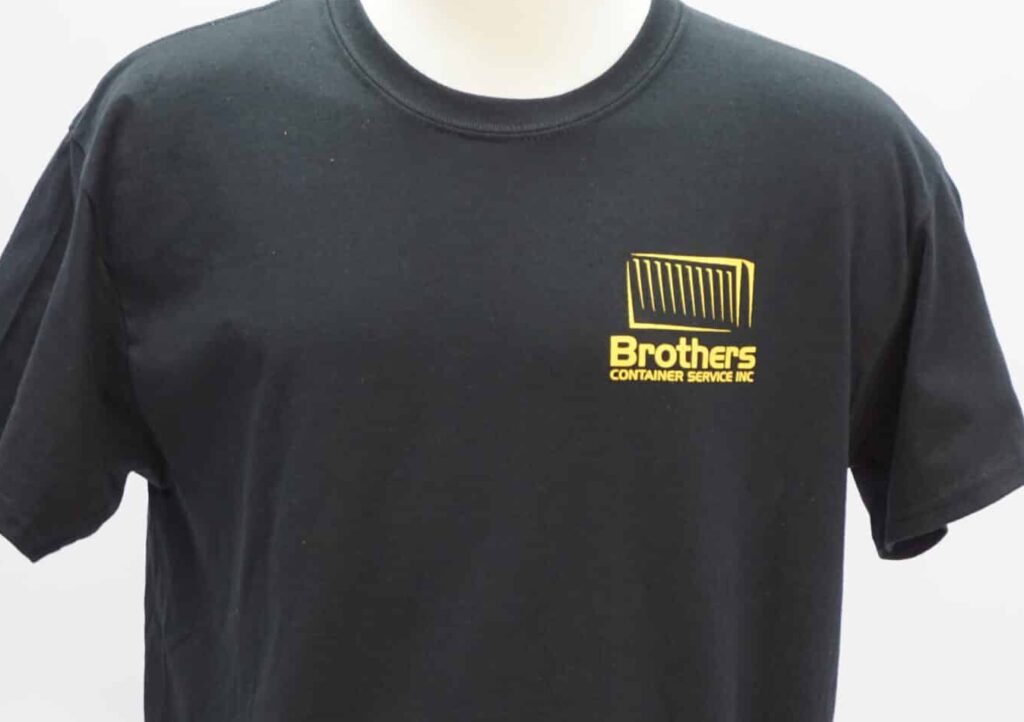 Container service company staff wearing branded uniforms black shirts with printed logo by Workwear Toronto