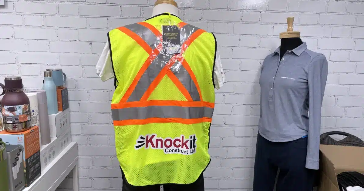 Knockit Custom Safety Vests with their logo - Workwear Toronto