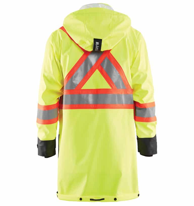 Custom decorated hi-vis rain coat - Workwear Toronto - Corporate apparel - Heal Transfer - Screen Printing - Embroidery - WTBL4318 Yellow Black Back