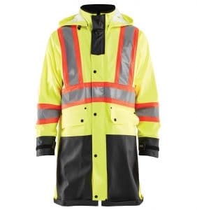 Custom decorated hi-vis rain coat - Workwear Toronto - Corporate apparel - Heal Transfer - Screen Printing - Embroidery - WTBL4318 Yellow Black front