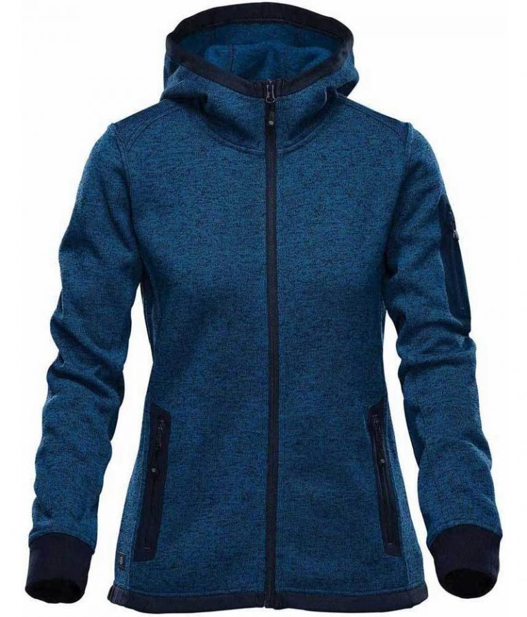 WTSTFH-2W - Denim - WorkwearToronto.com - Women's Knit Fleece Jacket With Hood - Front - Custom Clothing Embroidery and Heat Press